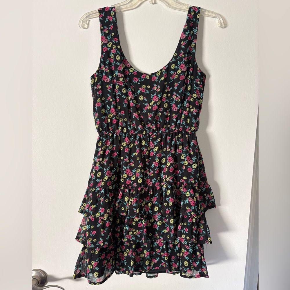 Floral Chiffon Black Mini Dress XS 90s Vtg Tier Ditsy Ruffle Festival Y2K Bebop - Picture 5 of 9